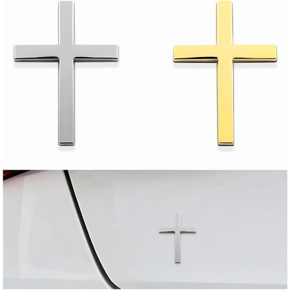 2PCS Metal Jesus Christ Cross Badge Stickers, 2.5"×1.8" Alloy 3D Individual Car Cross Sticker, Self Adhesive Scratch Covering Metal Cross Auto Emblem Decal for Car Body Fender Tail (Silver+Golden)