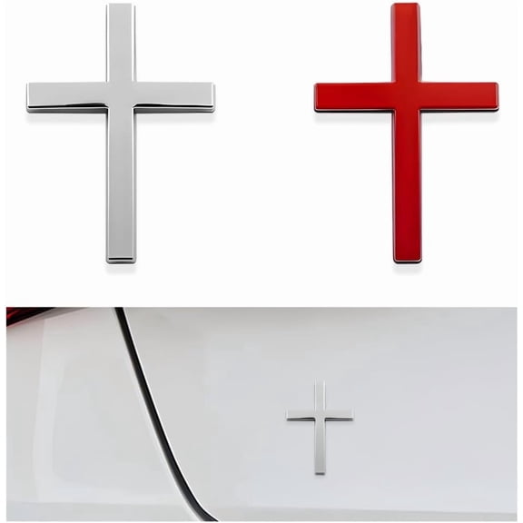2PCS Metal Jesus Christ Cross Badge Stickers, 2.5"×1.8" Alloy 3D Individual Car Cross Sticker, Self Adhesive Scratch Covering Metal Cross Auto Emblem Decal for Car Body Fender Tail (Silver+Red)