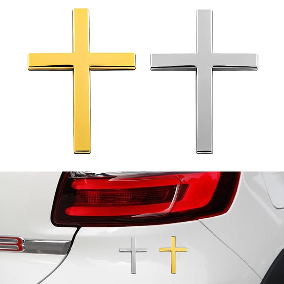 2PCS Metal Jesus Christ Cross Badge Stickers, Alloy 3D Individual Car Cross Sticker, Self Adhesive Scratch Covering Metal Cross Auto Emblem Decal for Car Body Fender Tail-2.5"×1.8"(Silver+Gold)