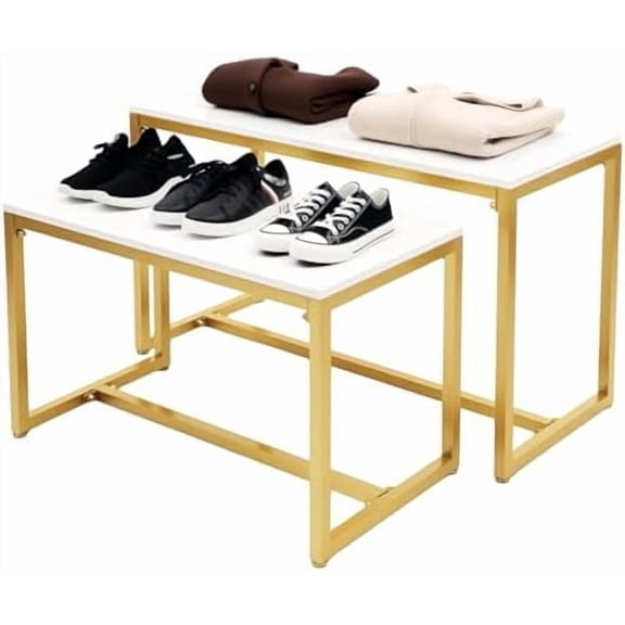 2PCS Metal Shoes Handbag Display Stand Nesting Tables Set Gold Modern Display Riser Shelf for Home Clothing Shops Retail Stores Load 110lbs (39.4x15.8x22in; 31.5x15.8x18.1in) Iron and Wood$$Furniture