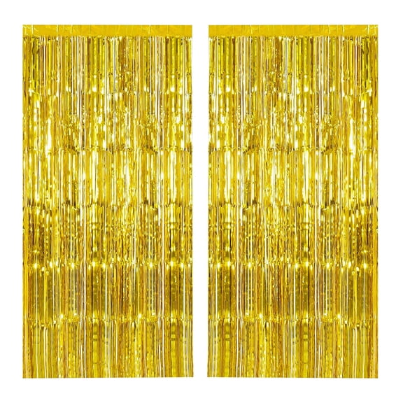 2PCS Metallic Foil Fringe Curtains, 39.4" x 98.4" Tinsel Backdrop for Party Decorations, Wedding, Birthday, Photo Booth, Gold