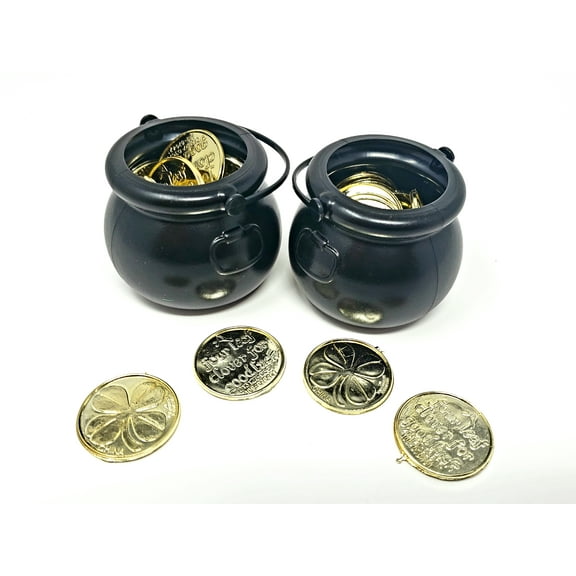2PCS Mini Black Plastic Candy Cauldron, Party Decoration Supplies for St. Patrick's Day with 60 Plastic Gold Clover Coins