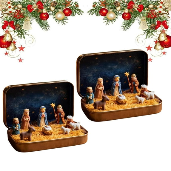 2PCS Mini Christmas Nativity Set in a Tin Box, Portable Nativity Scene Decoration Set with Resin Holy Family Sheep and Jesus Figurines, Christmas Decor Gift for Friends and Family