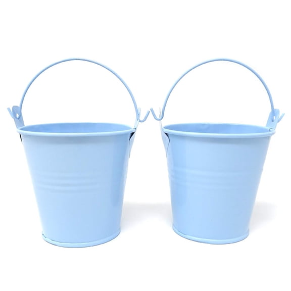 2PCS Mini Metal Buckets Tin Pail Containers Decorative Buckets with Handle for Candy Snack and Small Plant (Blue)