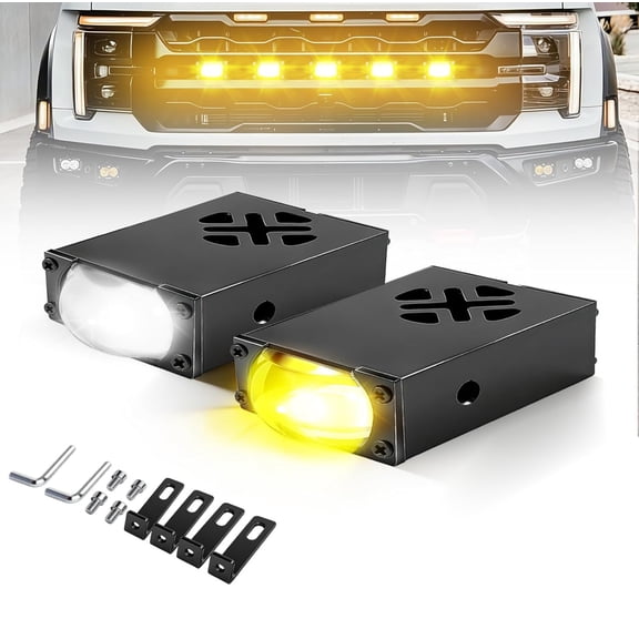 2PCS Mini Projector Grill Driving Lights Amber White 4 Modes LED Fog Lights Super Bright Off Road Lighting for Truck Motorcycle UTV ATV