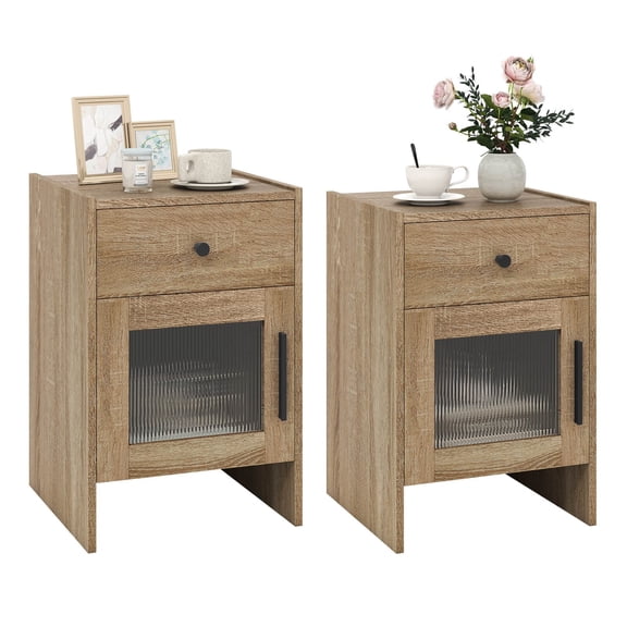 2PCS Modern Farmhouse Nightstand Fluted Bed Side Table w/Large Drawer Enclosed Cabinet