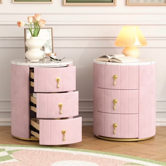 2PCS Modern Upholstered Nightstand with 3 Drawers, Round Bedside Table with Metal Handles, Velvet End Table, Marbling Stickers Top Nightstand