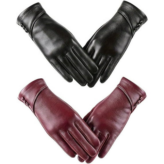 2PCS Monochrome Genuine Leather Gloves Short Fleece Lined Soft Warm Touchscreen Gloves Autumn