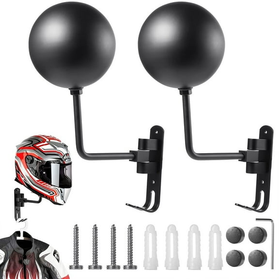 2PCS Motorcycle Helmet Racks, Wall Mounted Aluminum Bike Helmet Holder, 180Rotatable Helmet Hanger with Double Hook for Coats Keys Wig Caps