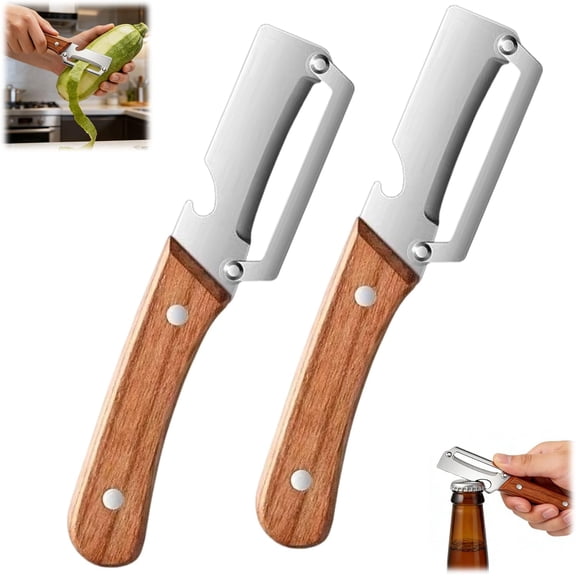 2PCS Multi Functional Premium Vegetable Peeler with Wooden Handle and Bottle Opener,Stainless Steel Blade Kitchen Tool for Fruit Apple Potato Pumpkin Papaya Carrot