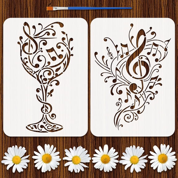 2PCS Musical Stencils 8.3x11.7 Inch Dancing Music Note Stencils Reusable Music Painting Templates with a Brush