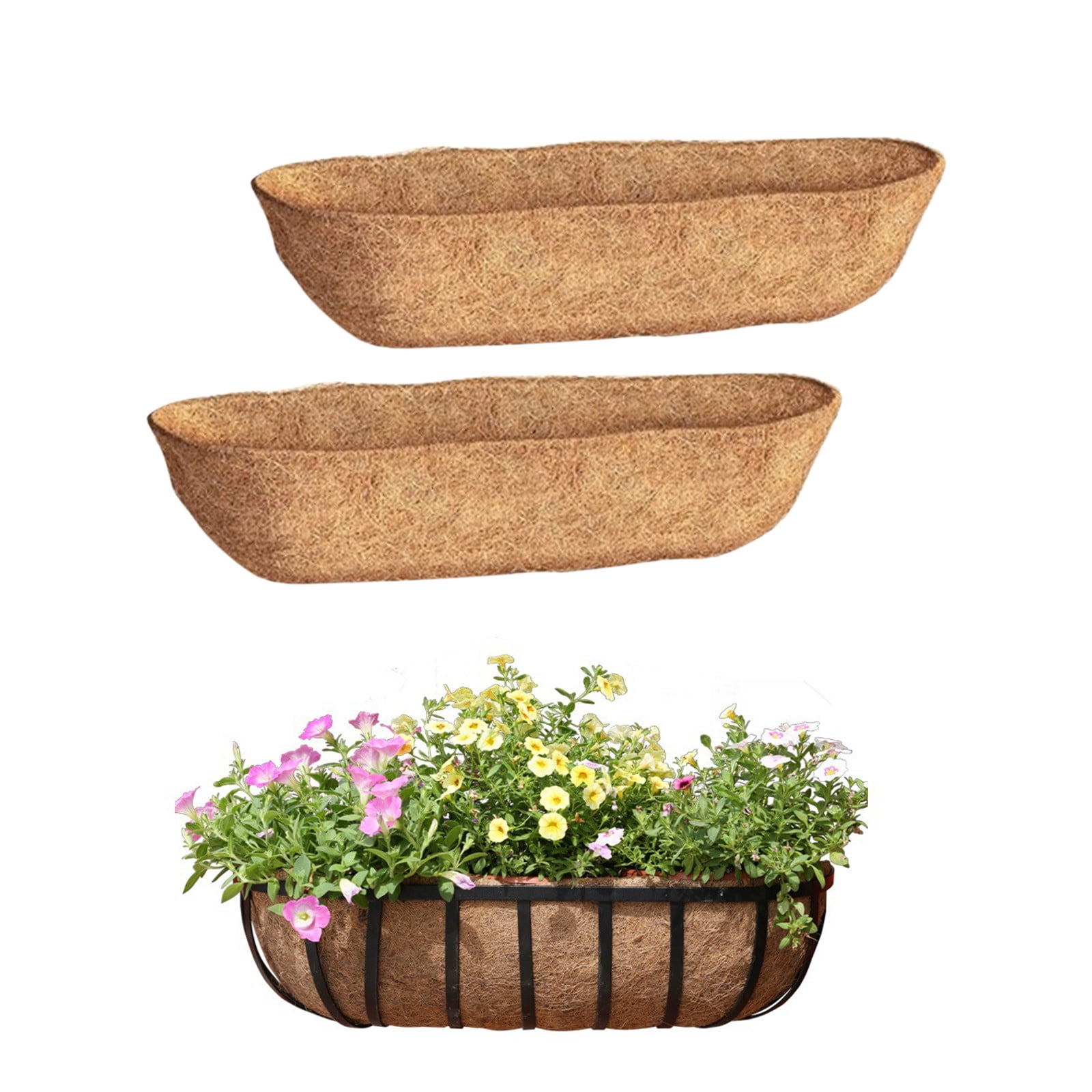 2PCS Natural Coconut Fiber Liner and Trough Planter Set,Eco-Friendly Coco Coir Window Box Liners for Outdoor Garden Railing and Balcony Flower Displays