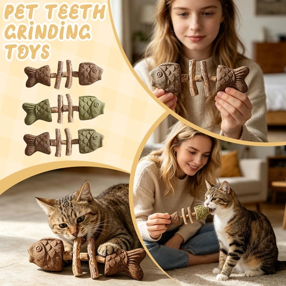 2PCS Natural Silvervine Cat Teeth Grinding Fish Bone Toy, Kitten Molar Dental Cleaning Chew Stick, 3 Colors Solid Brown Solid Green Mixed Two-Tone Interactive Cat Toy for Indoor Cats Kittens-A