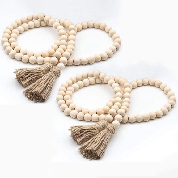 2PCS Natural Wood Beads Garland with Tassels,Farmhouse Rustic Wall Hanging Decor, Wooden Prayer Bead String for Home Festival Accent