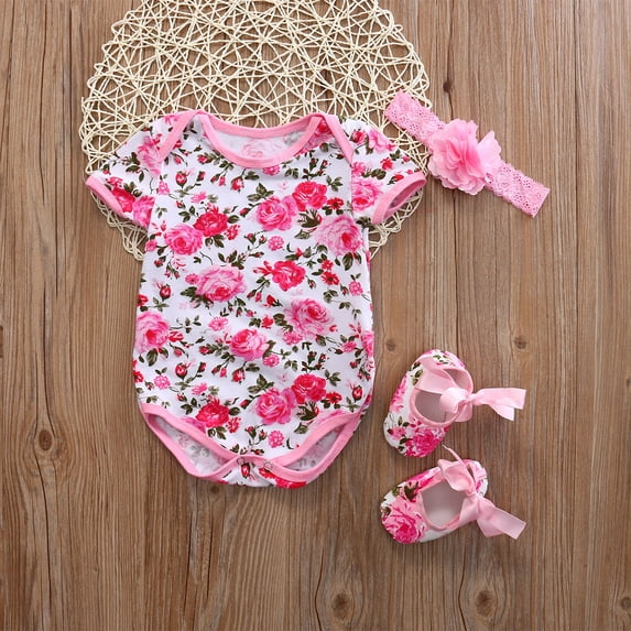 2PCS Newborn Baby Girl Clothes Floral Leopard Short Sleeve Romper Jumpsuit+Shoes+Hairband 3Pcs Sets Baby Clothing 0-12M