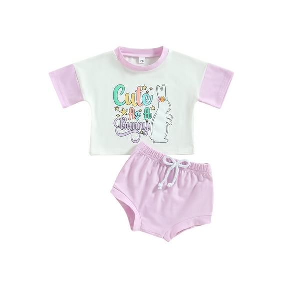 2PCS Newborn Baby Girls Easter Clothes Sets Rabbit Print Short Sleeve Patchwork T-shirts+Shorts Casual Summer Outfits