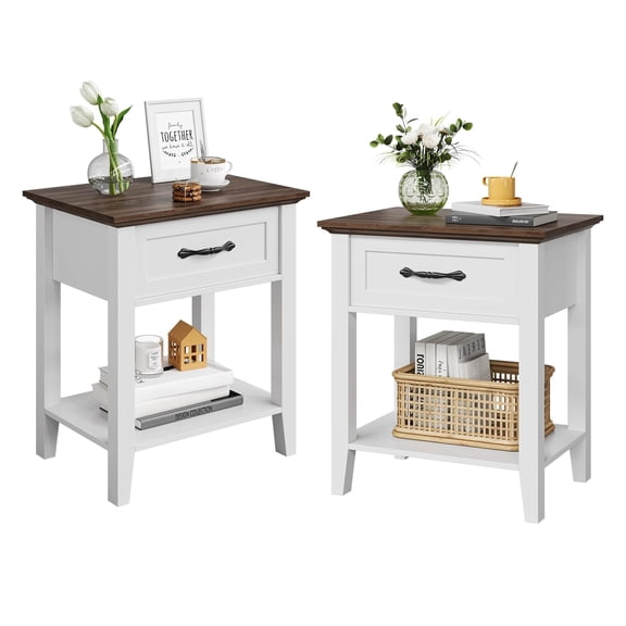 2PCS Nightstands, End Table with Drawer, Side Table for Living Room, 2 Tiers Storage Shelves Bedside Table for Study Room, Bedroom, Dorm, White