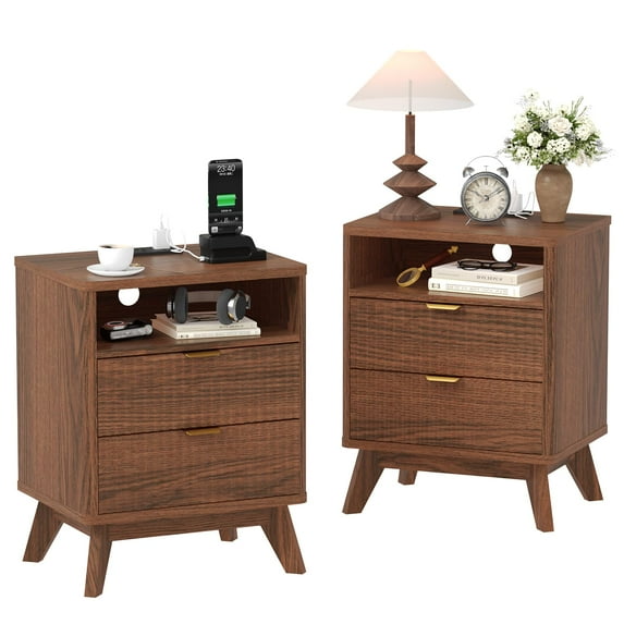 2PCS Nightstands with Charging Station, Modern Fluted 2 Drawers End Tables, Side Tables with Storage Shelf for Bedroom, Office