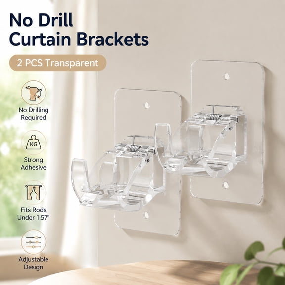 2PCS No Drill Curtain Brackets, Self-Adhesive Adjustable Curtain Rod Hooks for Rods Under 1.57 Inch, Clear Window Curtain Hardware