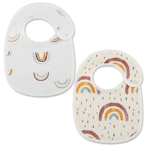 2PCS Organic Muslin Bibs, Baby Drool Bibs for Girls Boys, Soft Lap-shoulder Waterproof Snap Bibs for Teething