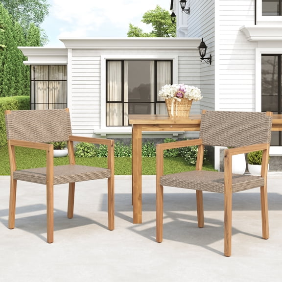 2PCS Outdoor Dining Chairs (Light Teak Acacia Wood Frame, Multi Light Brown PE Rattan, Patio/Garden)