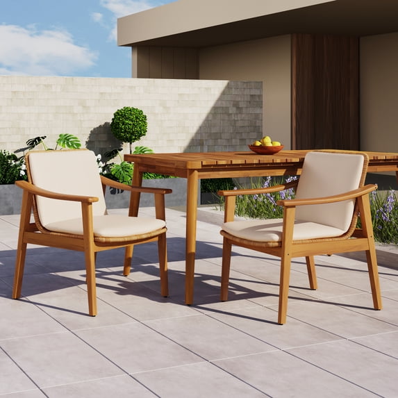 2PCS Outdoor Dining Chairs (Teak Acacia Frame, Brown PE Rattan, Beige Waterproof Cushion, Patio)