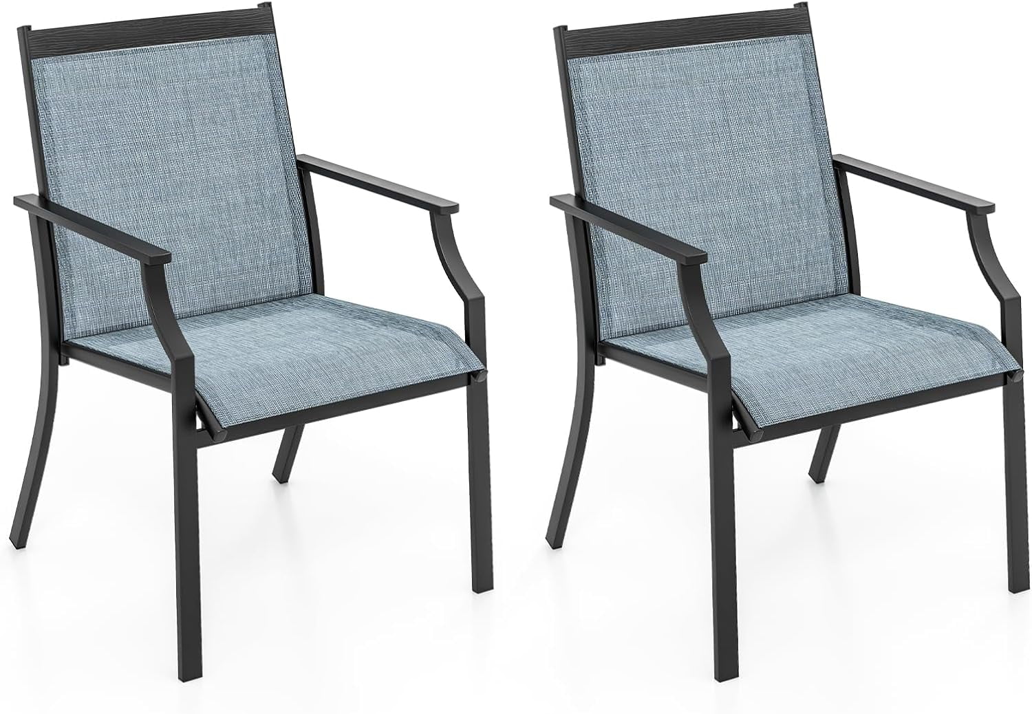2PCS Outdoor Patio Dining Chairs w/ Armrests, Metal Frame, High Back, Blue