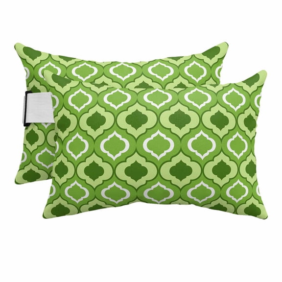 2PCS Outdoor Pillow for Chaise Lounge Chair Abstract Moroccan Pattern Waterproof Headrest Cushion with Insert Green Geometric Plaid Adjustable Lumbar Pillow for Beach Patio Poolside Office,11x16in