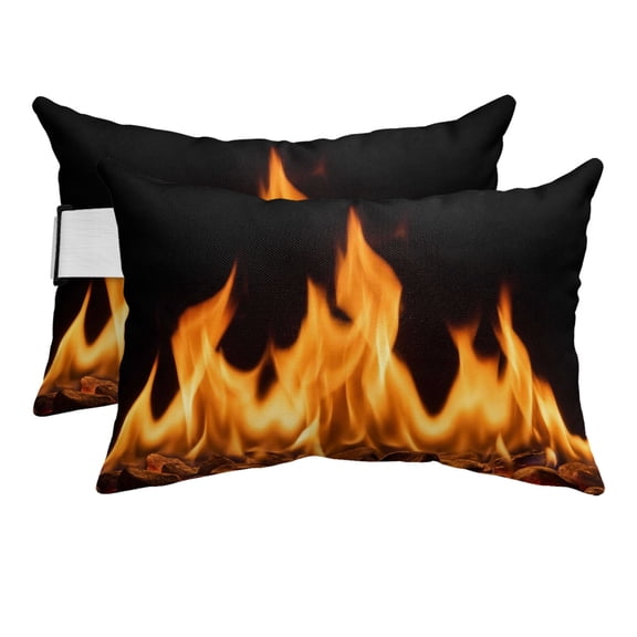 2PCS Outdoor Pillow for Chaise Lounge Chair Abstract Orange Flame on Black Waterproof Headrest Cushion with Insert Flickering Fire Pattern Adjustable Lumbar Pillow for Beach Patio Poolside Office