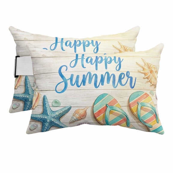 2PCS Outdoor Pillow for Chaise Lounge Chair Abstract Slippers Sea Stars Shells on Wooden Waterproof Headrest Cushion with Insert Happy Summer Adjustable Lumbar Pillow for Beach Patio Poolside Office