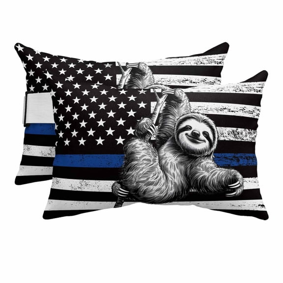 2PCS Outdoor Pillow for Chaise Lounge Chair American Flag Law Enforcement Thin Blue Line Waterproof Headrest Cushion with Insert Animal Sloth Adjustable Lumbar Pillow for Beach Patio Poolside Office