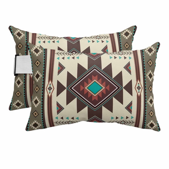 2PCS Outdoor Pillow for Chaise Lounge Chair Aztec Tribal Ethnic Style Waterproof Headrest Cushion with Insert Retro Brown Geometric Adjustable Lumbar Pillow for Beach Patio Poolside Office,11x16in