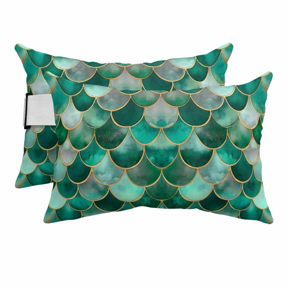 2PCS Outdoor Pillow for Chaise Lounge Chair Bohemian Emerald Green Fish Scales Waterproof Headrest Cushion with Insert Retro Abstract Adjustable Lumbar Pillow for Beach Patio Poolside Office,11x16in