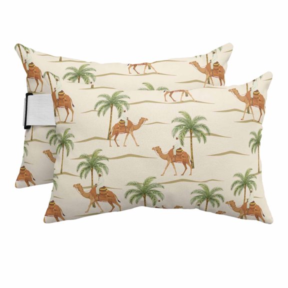 2PCS Outdoor Pillow for Chaise Lounge Chair Camels Date Coconut Tree Desert Waterproof Headrest Cushion with Insert Abstract Animal Plant Adjustable Lumbar Pillow for Beach Patio Poolside,11x16in