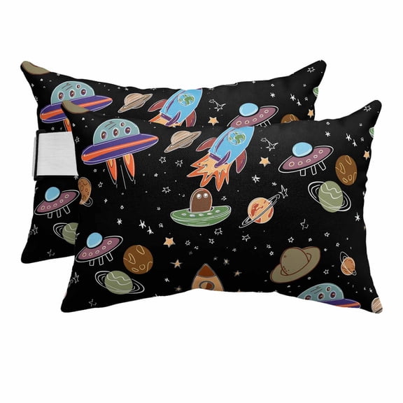 2PCS Outdoor Pillow for Chaise Lounge Chair Cartoon Rocket Space Planet Waterproof Headrest Cushion with Insert Cute Spaceship on Black Adjustable Lumbar Pillow for Beach Patio Poolside,11x16in