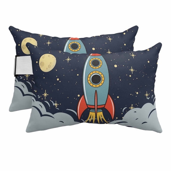 2PCS Outdoor Pillow for Chaise Lounge Chair Cartoon Space Rocket Launch Stars and Moon Waterproof Headrest Cushion with Insert Outer Planet Adjustable Lumbar Pillow for Beach Patio Poolside Office