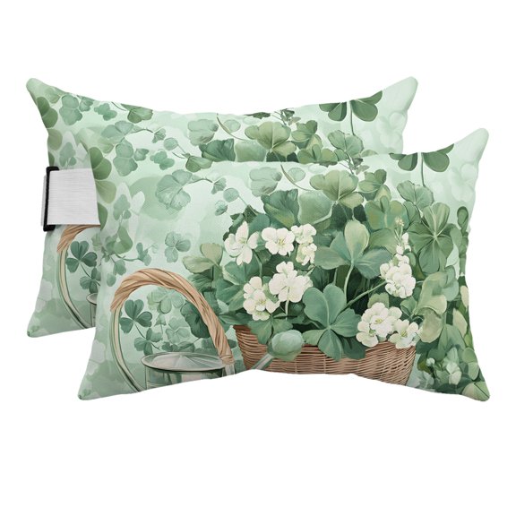 2PCS Outdoor Pillow for Chaise Lounge Chair Easter Rabbit St. Patrick Shamrock Waterproof Headrest Cushion with Insert Rustic Pastoral Animal Plant Lumbar Pillow for Beach Patio Poolside Office