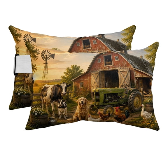 2PCS Outdoor Pillow for Chaise Lounge Chair Farm Animals Cow Dog Rooster Duck Waterproof Headrest Cushion with Insert Red Barn Green Tractor Adjustable Lumbar Pillow for Beach Patio Poolside Office