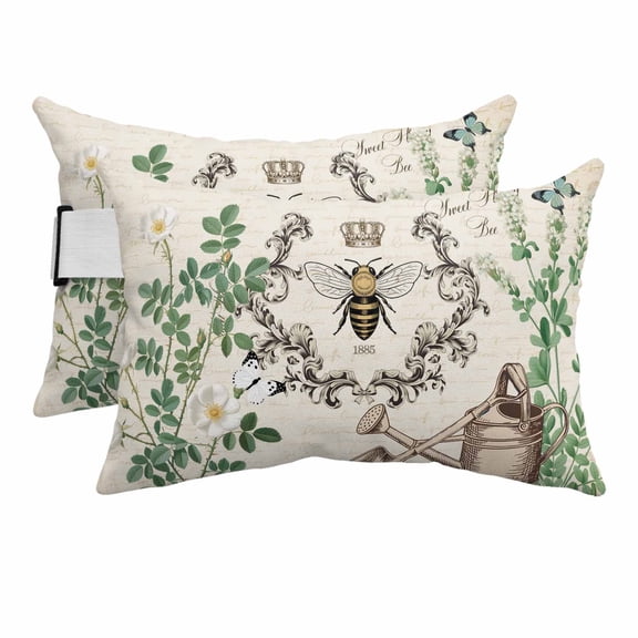 2PCS Outdoor Pillow for Chaise Lounge Chair Farm Rustic Honey Bee Plant Flower Art Waterproof Headrest Cushion with Insert Vintage Letter Back Adjustable Lumbar Pillow for Beach Patio Poolside Office