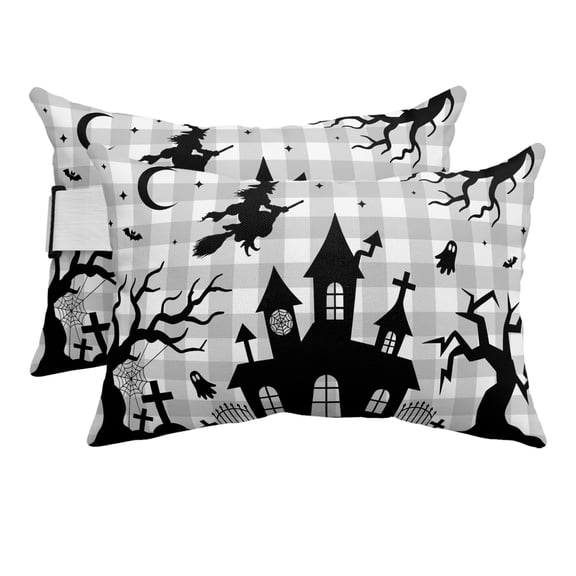 2PCS Outdoor Pillow for Chaise Lounge Chair Flying Witch Haunted House Bat Waterproof Headrest Cushion with Insert Halloween Moon Buffalo Plaid Adjustable Lumbar Pillow for Beach Patio Office,11x16in