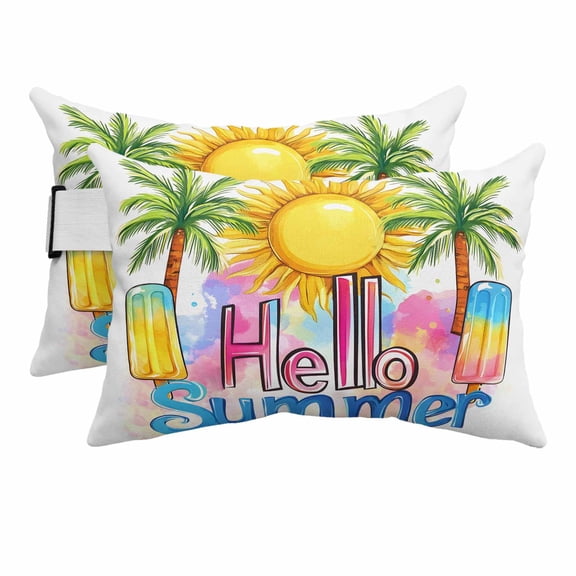 2PCS Outdoor Pillow for Chaise Lounge Chair Hello Summer Text Sun Palm Tree Waterproof Headrest Cushion with Insert Colorful Ocean Seaside Theme Lumbar Pillow for Beach Patio Poolside Office