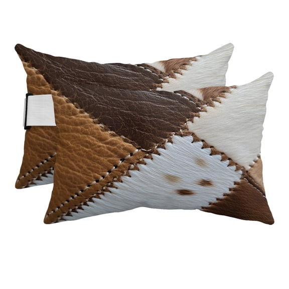 2PCS Outdoor Pillow for Chaise Lounge Chair Leather Patchwork Cowhide Texture Waterproof Headrest Cushion with Insert Retro Brown and White Adjustable Lumbar Pillow for Beach Patio Office,11x16in