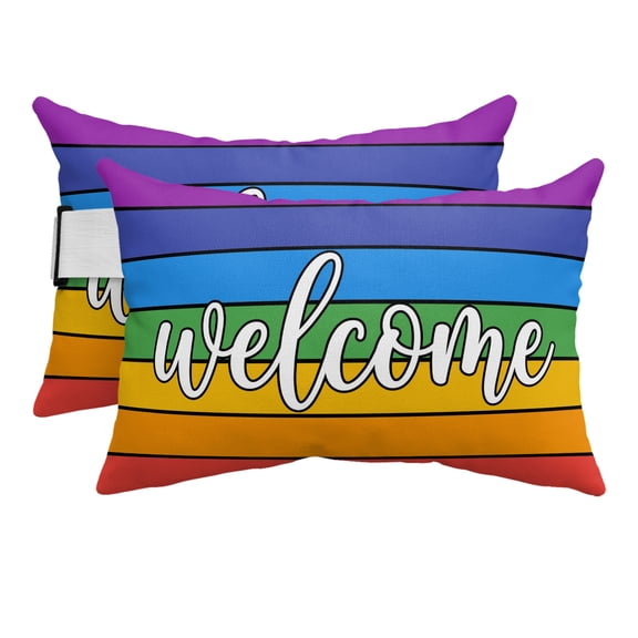 2PCS Outdoor Pillow for Chaise Lounge Chair Modern Rainbow Stripe Waterproof Headrest Cushion with Insert Welcome Quote Colorful Line Adjustable Lumbar Pillow for Beach Patio Poolside Office,11x16in