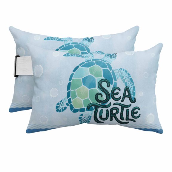 2PCS Outdoor Pillow for Chaise Lounge Chair Ocean Sea Turtle Waterproof Headrest Cushion with Insert Marine Creature Bubble on Blue Adjustable Lumbar Pillow for Beach Patio Poolside Office,11x16in