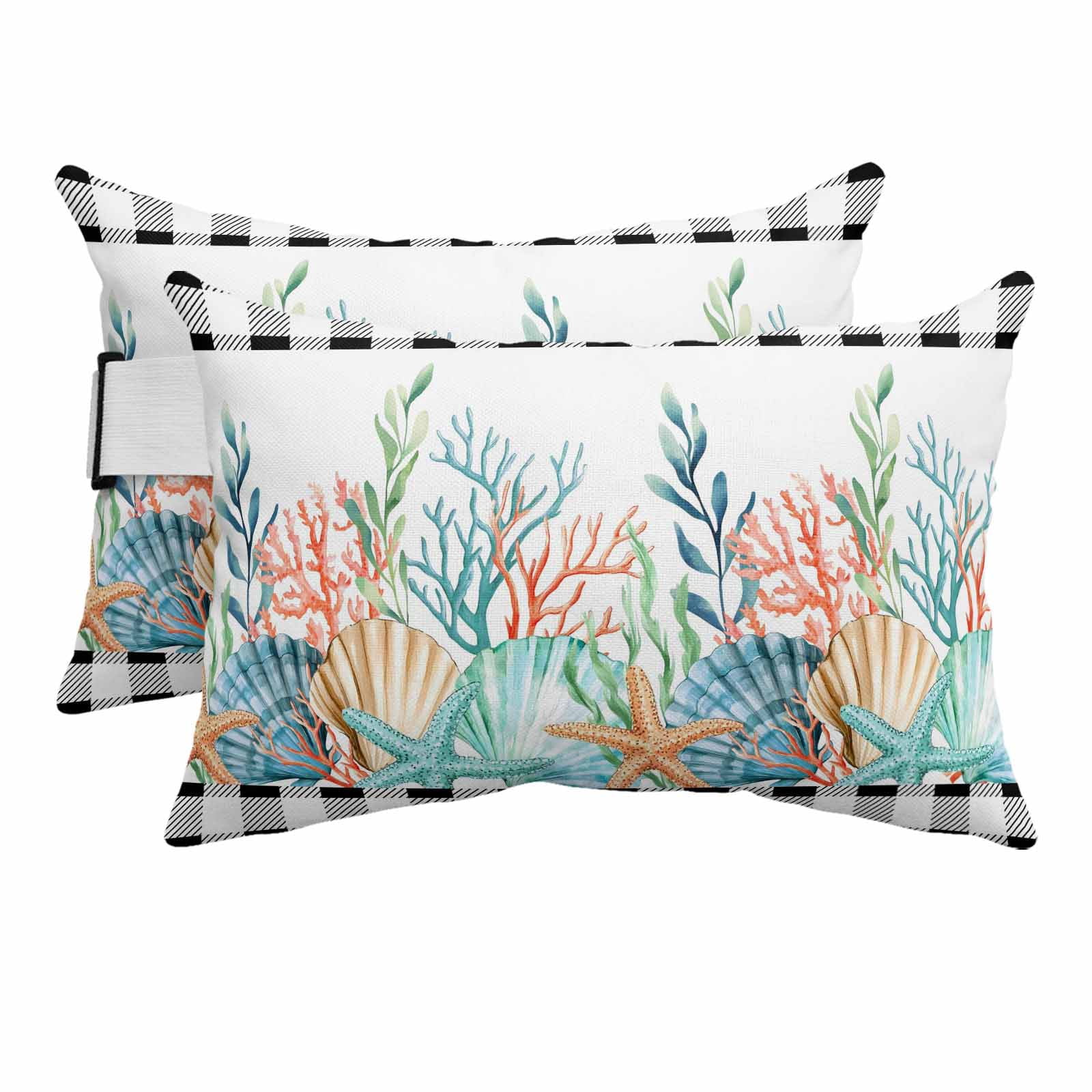 2PCS Outdoor Pillow for Chaise Lounge Chair Ocean Starfish Coral Shell ...
