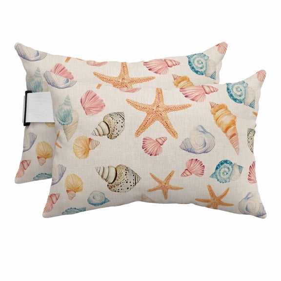 2PCS Outdoor Pillow for Chaise Lounge Chair Ocean Starfish Shell Conch Waterproof Headrest Cushion with Insert Summer Nautical Retro Linen Adjustable Lumbar Pillow for Beach Patio Poolside Office