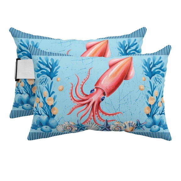 2PCS Outdoor Pillow for Chaise Lounge Chair Oceans Red Squid Sea Stars Waterproof Headrest Cushion with Insert Shells Blue Striped Adjustable Lumbar Pillow for Beach Patio Poolside Office,11x16in