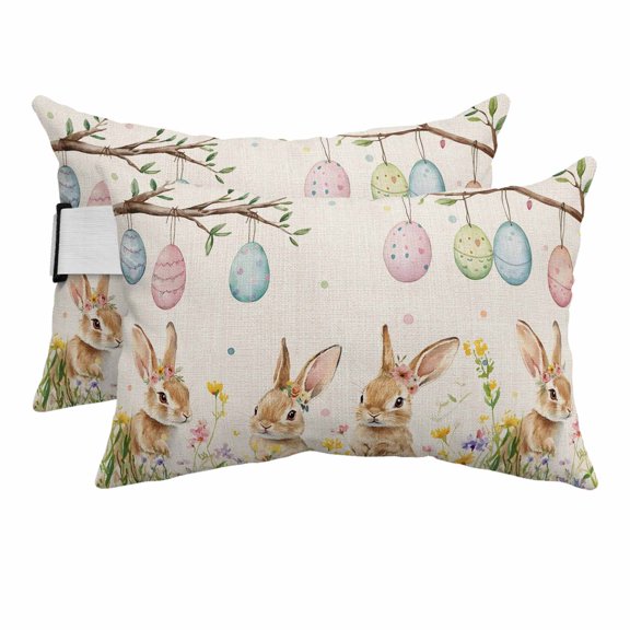 2PCS Outdoor Pillow for Chaise Lounge Chair Spring Easter Farm Rabbit Egg Waterproof Headrest Cushion with Insert Rustic Flower Tree on Linen Adjustable Lumbar Pillow for Beach Patio Poolside Office
