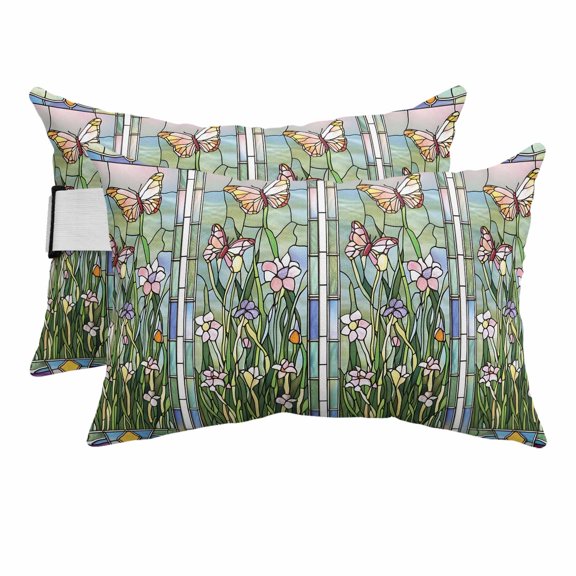 2PCS Outdoor Pillow for Chaise Lounge Chair Spring Flower Butterfly Leaves Waterproof Headrest Cushion with Insert Garden Traditional Paper-cut Adjustable Lumbar Pillow for Beach Patio,11x16in