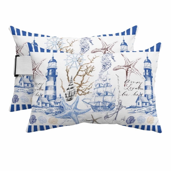 2PCS Outdoor Pillow for Chaise Lounge Chair Starfish Nautical Anchor Shell Boat Waterproof Headrest Cushion with Insert Lighthouse Vintage Blue Stripe Lumbar Pillow for Beach Patio Poolside Office